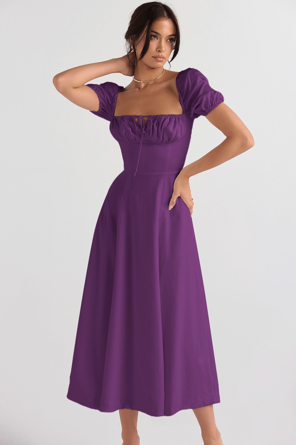 Damen Midi-Kleid mit gerafftem Oberkörper und ausgestelltem Rock R&B