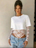 Damen Bodyshirt mit transparenten Spitzenärmeln und lässigem Schnitt R&B