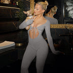 Damen Figurbetonter Langarm-Jumpsuit mit herzförmigem Ausschnitt und schnürbarem Detail R&B