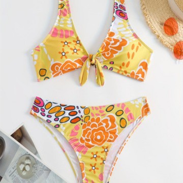 Damen Crop-Bikini mit floralem Knötchen-Design R&B
