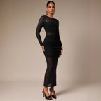 Damen nan schmalgeschnittenes Mesh-Midikleid mit langen Ärmeln, Taillenraffung und semitransparenter Rockbahn R&B
