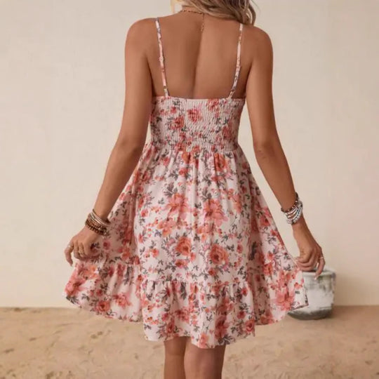 Damen Blumenkleid mit Spaghetti-Trägern und Rüschensaum R&B