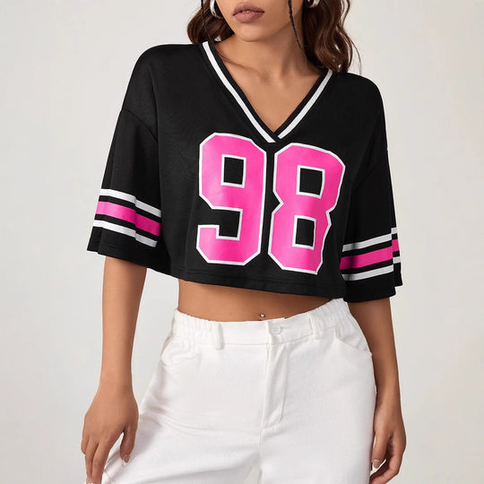 Damen Crop-Top mit sportivem V-Ausschnitt und grafischem Druck R&B