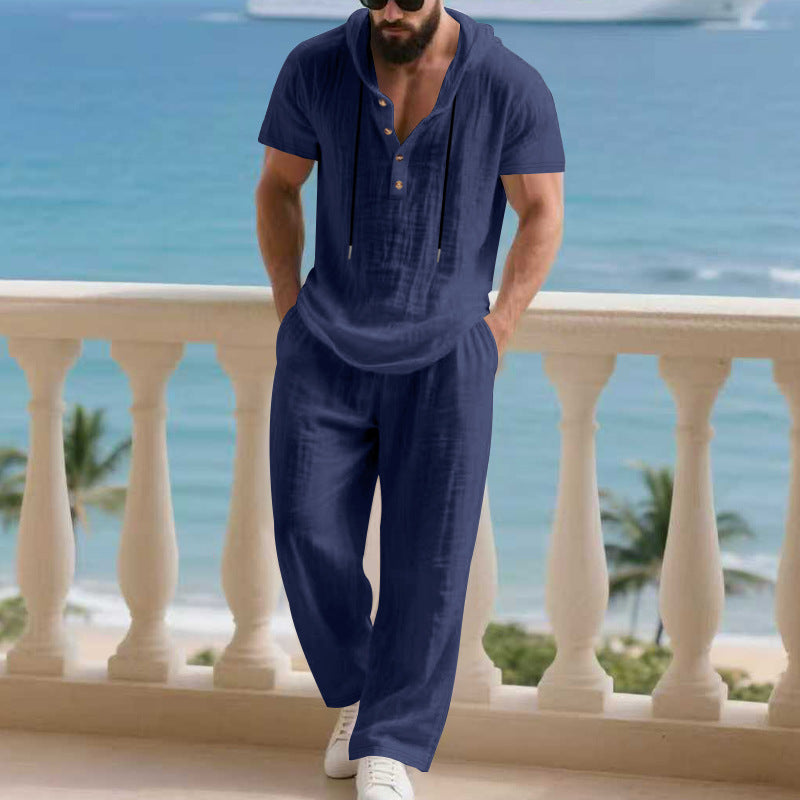 Herren komfortables Freizeit-Set mit modischem Henley-Oberteil und lockeren Hosen R&B