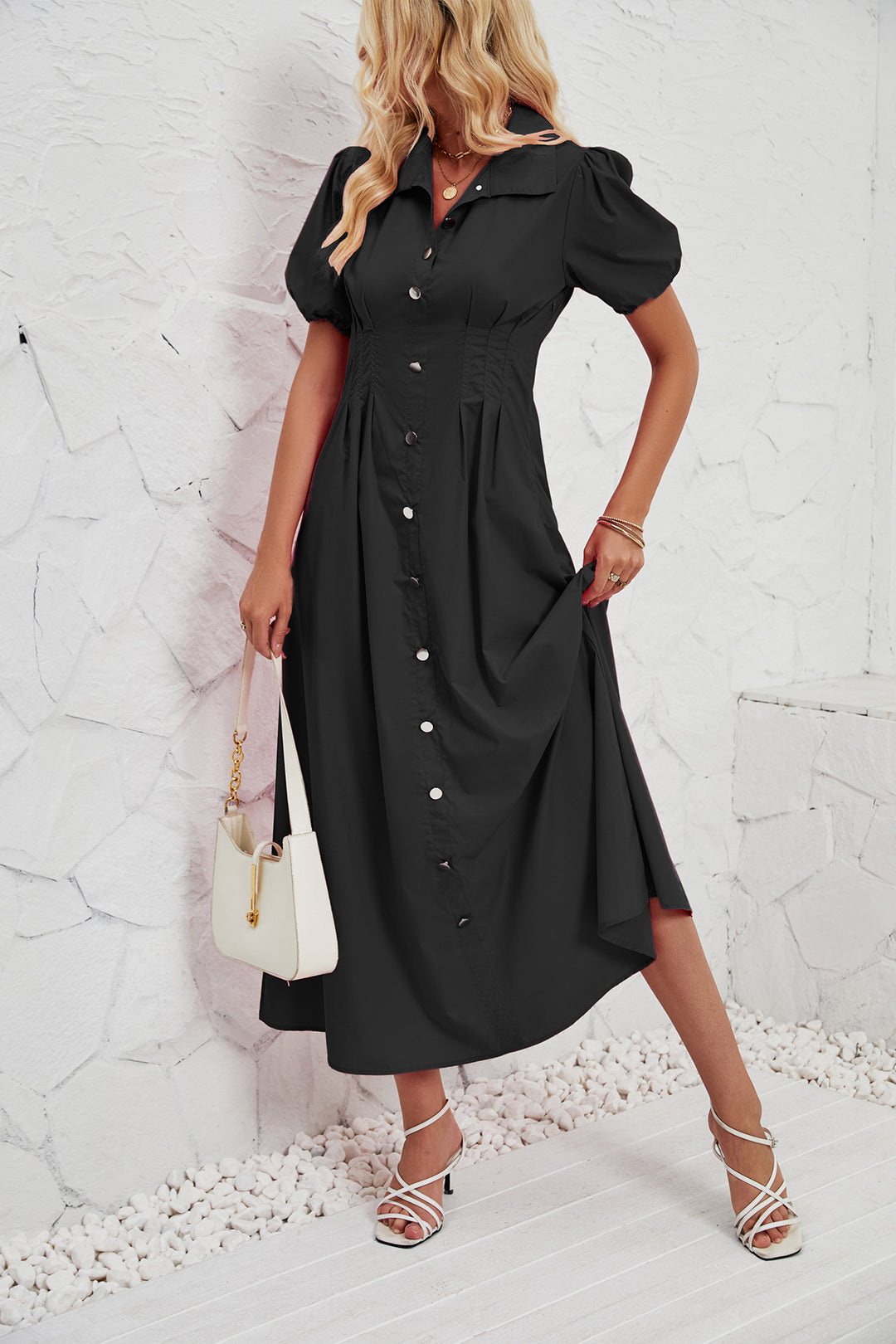 Damen Maxikleid mit schickem Hemdkragen und volumetrischen Puffärmel R&B