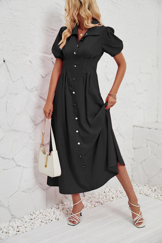 Damen Maxikleid mit schickem Hemdkragen und volumetrischen Puffärmel R&B