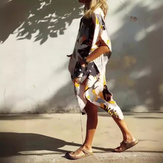 Damen Hemdblusenkleid im modischen Leaf-Design mit praktischen Taschen Heidi-Mode