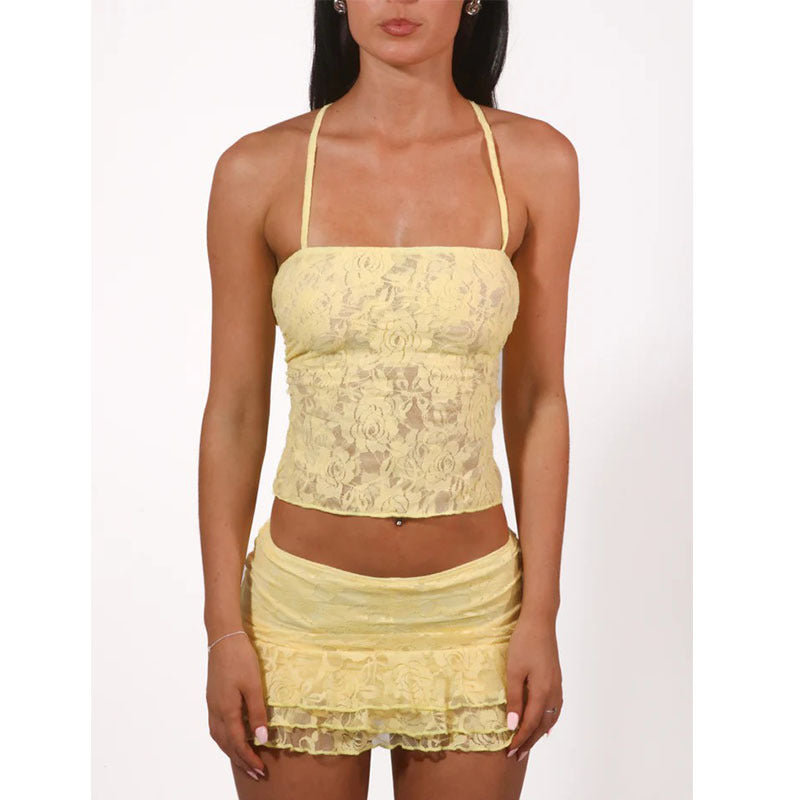 Damen Spitzencrop-Top mit gewelltem Rock R&B