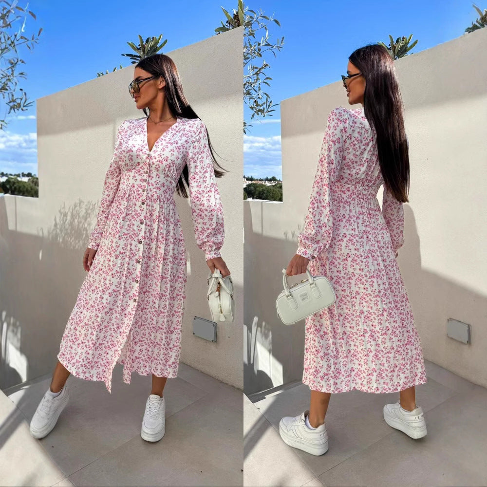 Damen Maxi-Kleid mit floralen Musterdetails und elegantem V-Ausschnitt R&B