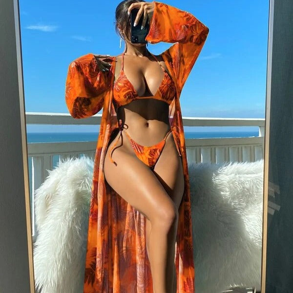Damen Bikini-Set mit transparentem Kaftan und floralem Design R&B