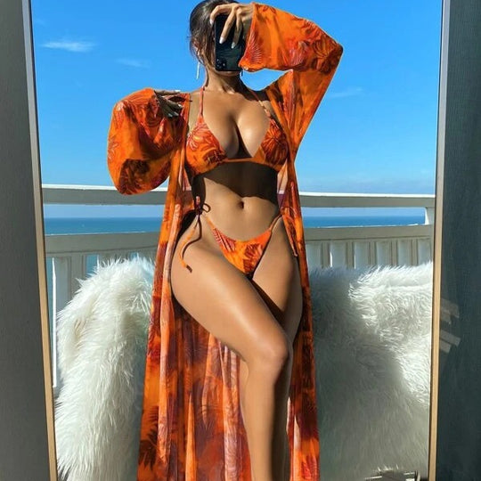 Damen Bikini-Set mit transparentem Kaftan und floralem Design R&B