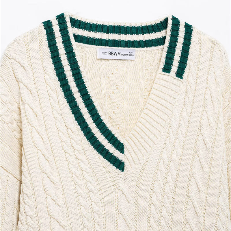 Damen Strickpullover mit V-Ausschnitt und strukturiertem Zopfdesign R&B