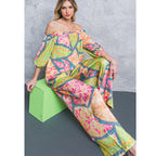 Damen Off-Shoulder Jumpsuit mit weitem Bein und buntem Muster R&B