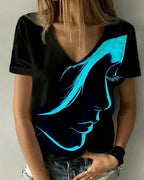 Damen V-Ausschnitt T-Shirt mit kreativem Grafikdruck R&B