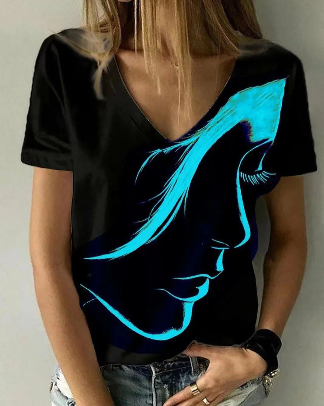 Damen V-Ausschnitt T-Shirt mit kreativem Grafikdruck R&B