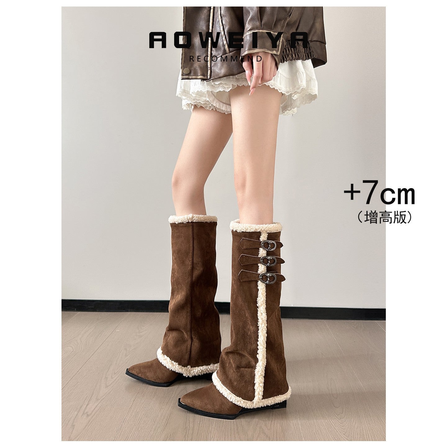 Damen hohe Stiefel mit weichem Kunstfellkragen und detaillierter Schnürfront R&B