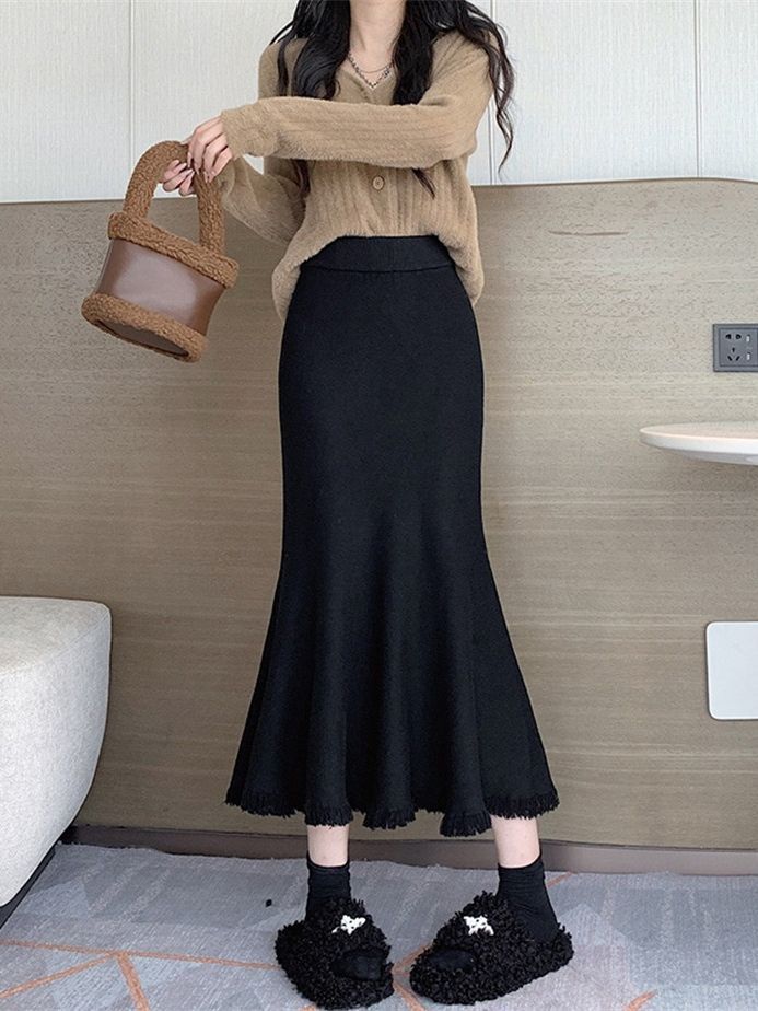 Damen Eleganter Maxirock mit voluminösem Saum und fransigen Details R&B