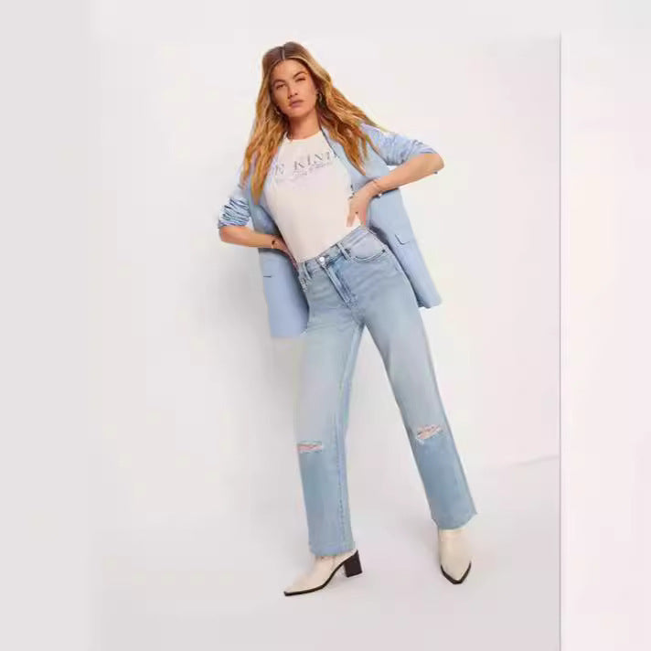 Damen Weit geschnittene High-Waist Jeans mit modischen Destroyed-Details R&B