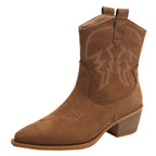 Damen nan Kurzschaft‑Westernboot mit dekorativer Stickerei, eckigem Blockabsatz und weichem Veloursfinish R&B