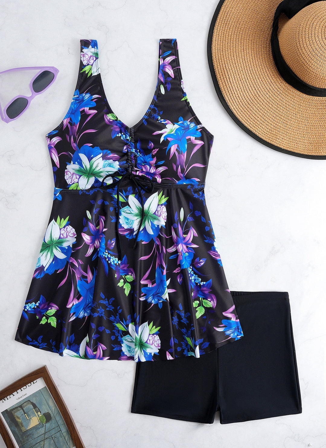 Damen Tankini-Set mit modischem Volant und grafischem Pfauenmuster R&B