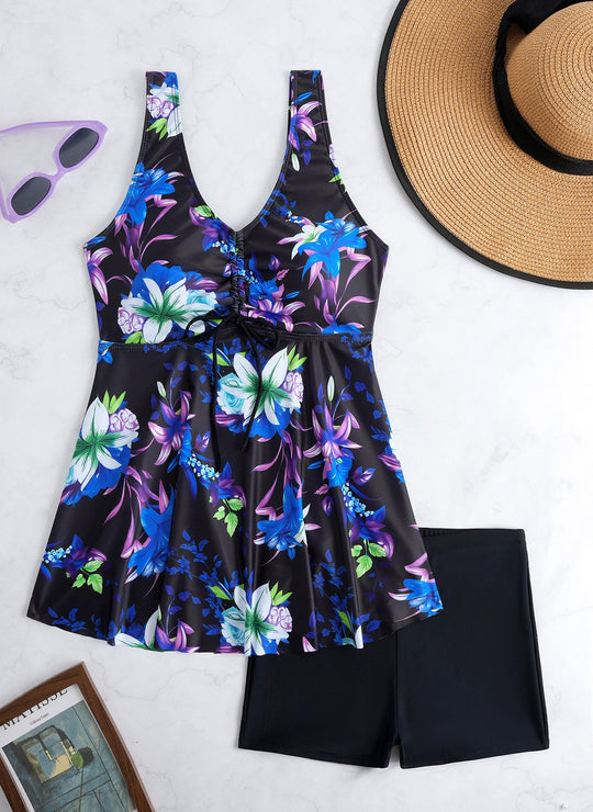 Damen Tankini-Set mit modischem Volant und grafischem Pfauenmuster R&B