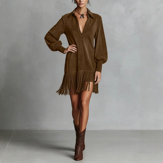 Damen Tunika-Kleid mit Fransen und V-Ausschnitt R&B