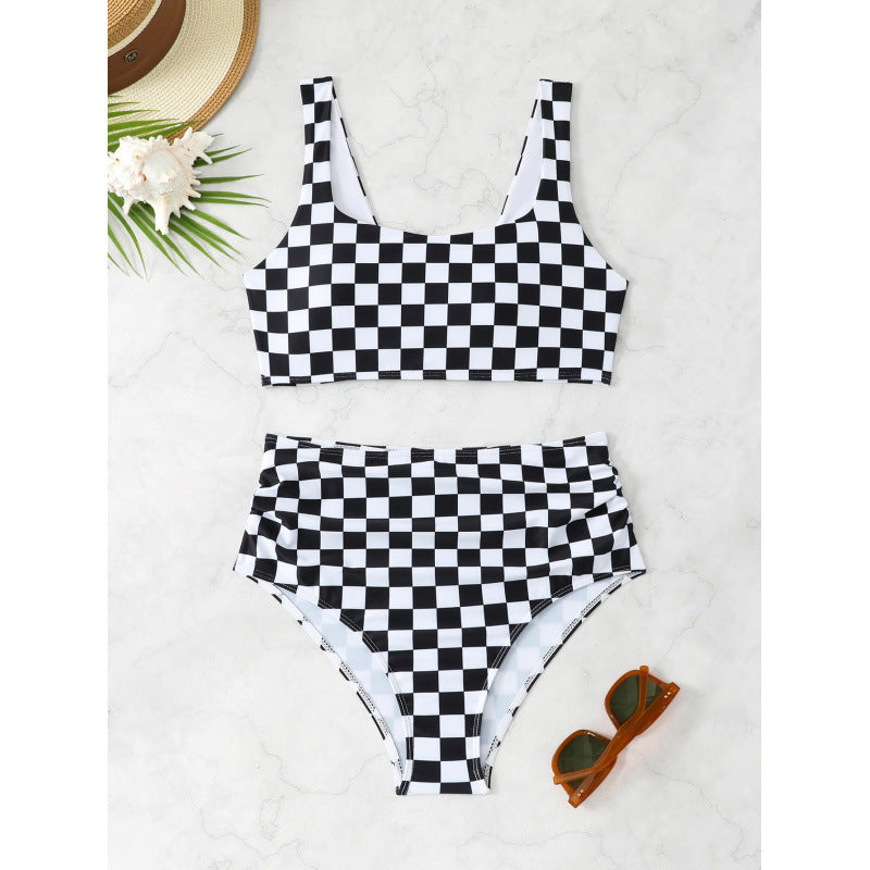 Damen Bikini-Set mit modischem Karomuster und hohem Taillenschnitt R&B