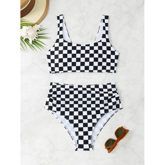 Damen Bikini-Set mit modischem Karomuster und hohem Taillenschnitt R&B