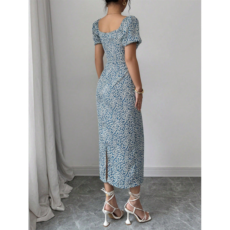 Damen Midikleid mit schulterfreien Puffärmeln und floralem Muster R&B