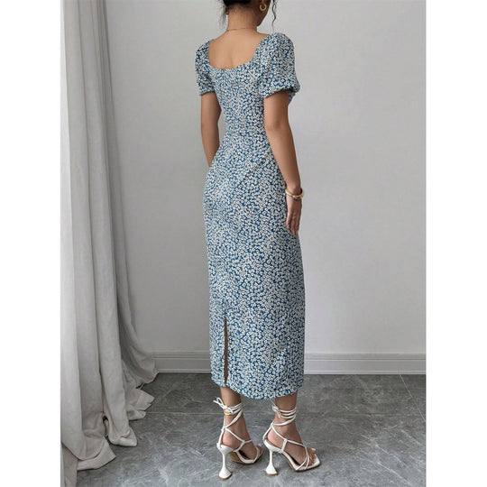 Damen Midikleid mit schulterfreien Puffärmeln und floralem Muster R&B