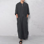 Herren nan weites langes Tunika-Kaftan aus atmungsaktivem Leinen mit Stehkragen Knopfblende und aufgesetzten Taschen R&B