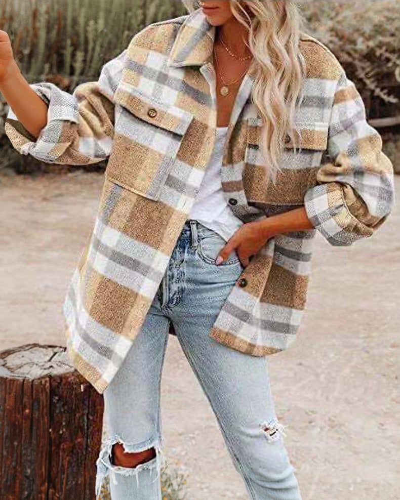 Damen Oversized Hemdjacke mit kariertem Muster und praktischen Taschen R&B
