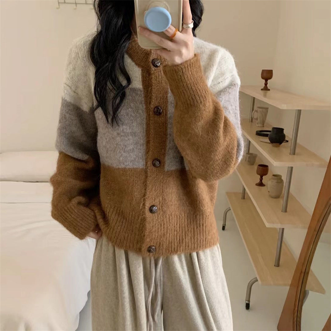 Damen Gemusterte Strickjacke mit Knopfleiste und überschnittenen Schultern R&B