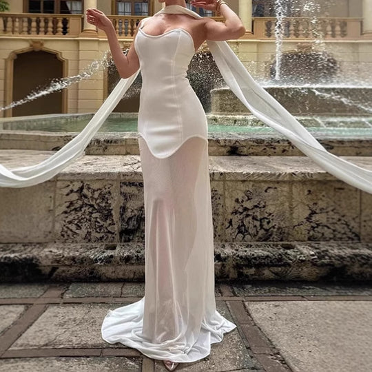 Damen Elegantes bodenlanges Abendkleid mit trägerlosem Design und fließendem Stoff R&B