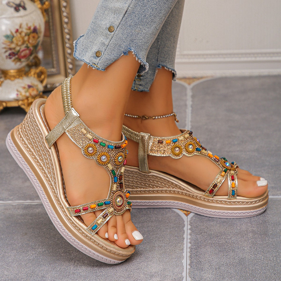 Damen Wedge-Sandalen mit buntem Schmuckdesign und komfortabler Sohle R&B