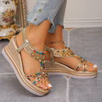 Damen Wedge-Sandalen mit buntem Schmuckdesign und komfortabler Sohle R&B