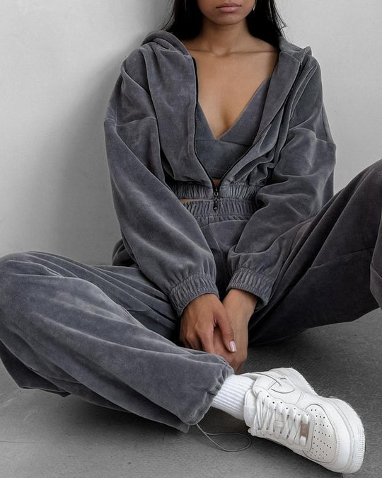 Damen modernes und komfortables Fleece-Jogginganzug Set mit elastischem Bund R&B