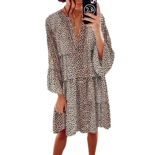 Damen lässiges Blusenkleid mit Volantärmeln und tierischem Muster R&B