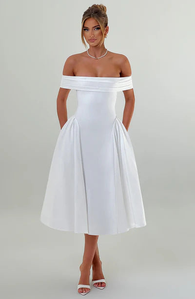 Damen Elegantes Off-Shoulder Midikleid mit ausladenden Falten und Taschen R&B