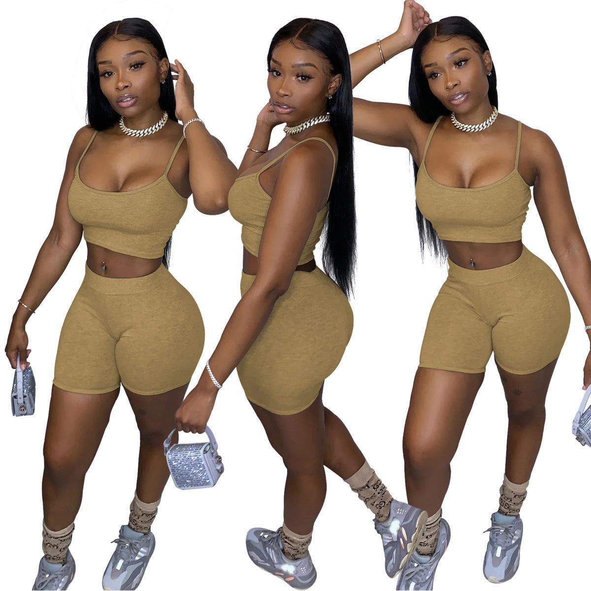 Damen Sportliches Set mit figurbetonendem Crop-Top und Shorts R&B