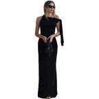 Damen Elegantes figurbetontes One-Shoulder-Maxikleid mit Schleife R&B