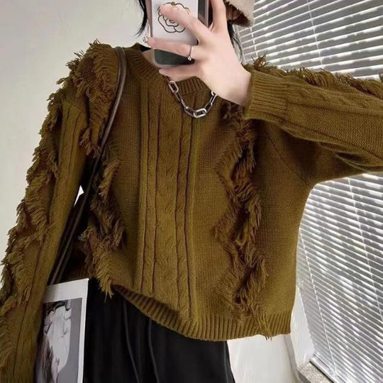 Damen Grobstrickpullover mit fransigen Details und lässigem Schnitt R&B