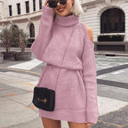 Damen Langarm-Strickkleid mit hohem Kragen und offenem Schulterdesign R&B
