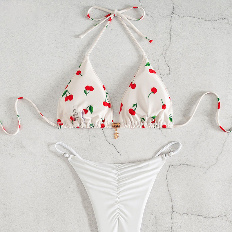 Damen Triangel-Bikini mit fröhlichem Kirschmuster und verstellbarem Schnitt R&B