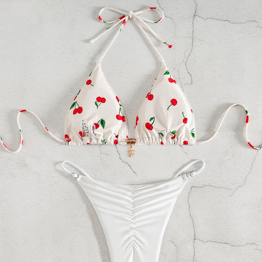 Damen Triangel-Bikini mit fröhlichem Kirschmuster und verstellbarem Schnitt R&B