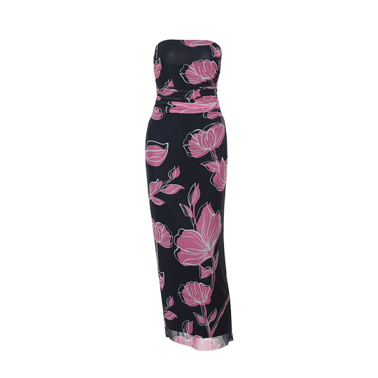 Damen elegantes schulterfreies Maxikleid mit floralem Design R&B