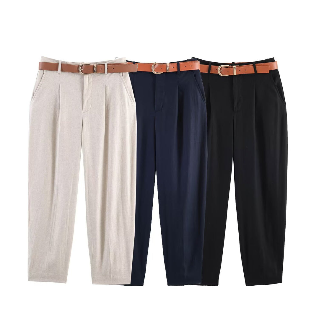 Damen hochwertige, ausgestellte Leinenhose mit modischem Gürtel R&B