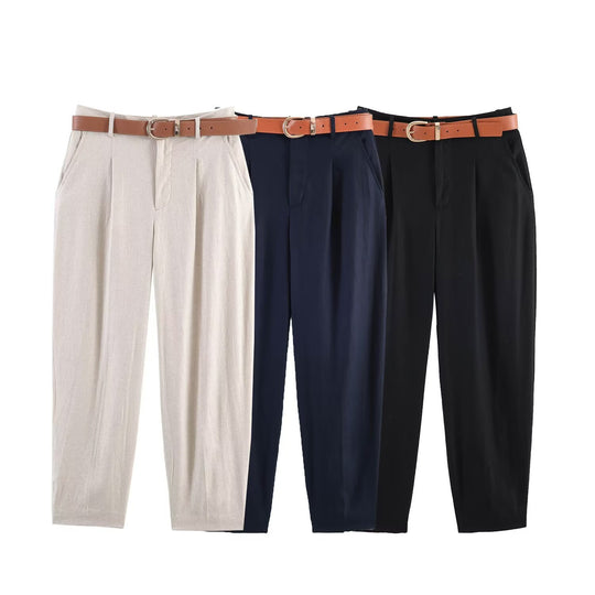 Damen hochwertige, ausgestellte Leinenhose mit modischem Gürtel R&B