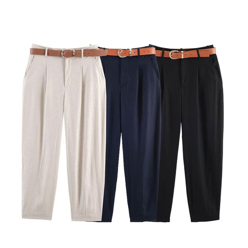 Damen hochwertige, ausgestellte Leinenhose mit modischem Gürtel R&B