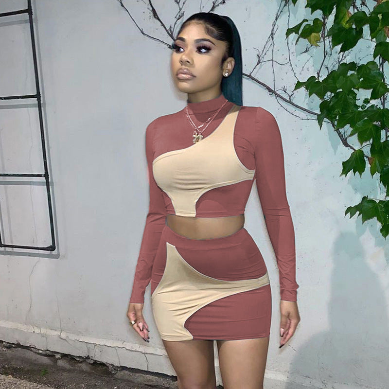 Damen Buntes Crop-Top und Minirock-Set mit asymmetrischem Design R&B